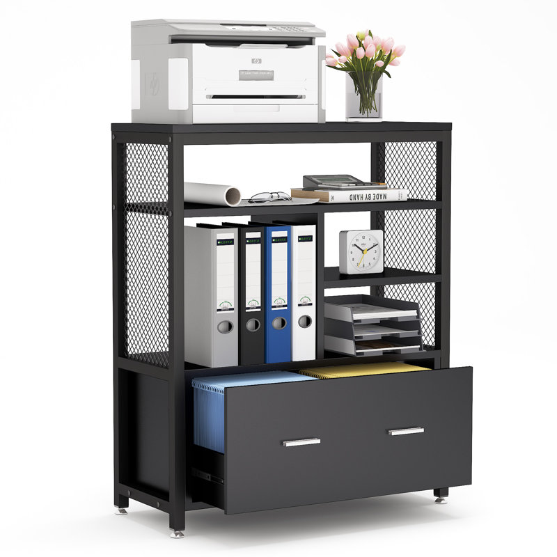 Inbox Zero Black Printer Stand, File With Open Storage Shelves